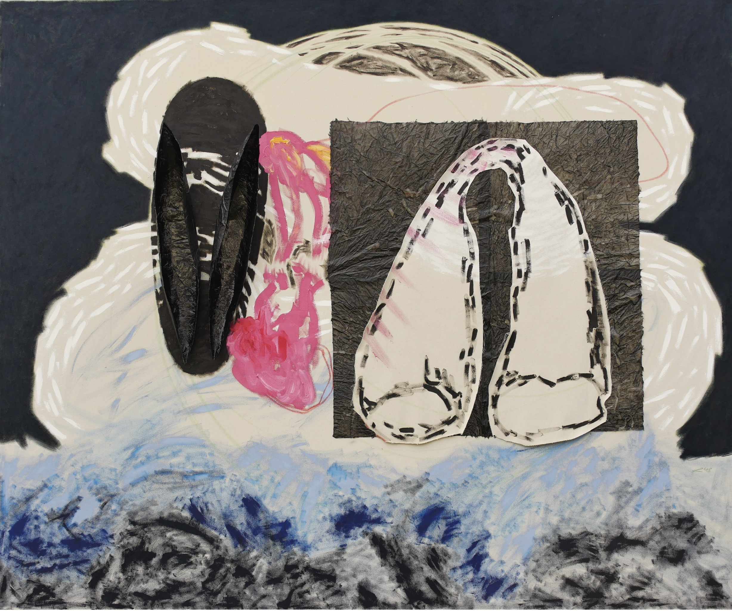 „Der Geheimbund“, 2018, Ölfarbe, Ölpastelle, Epoxidharz, Siampapier auf Leinwand, 190 x 230 cm