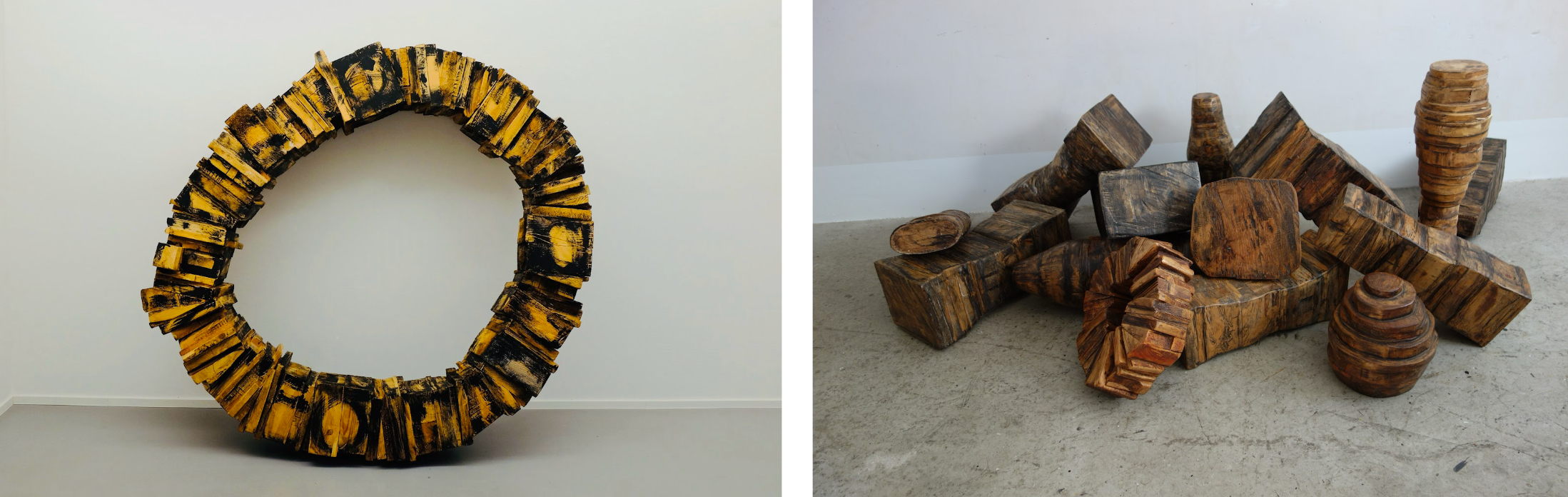 Ingrid Hartlieb, „Großer Rettungsring“ und „diverse Fluchtwerkzeuge und Abstandhalter“ (verleimte Hölzer)